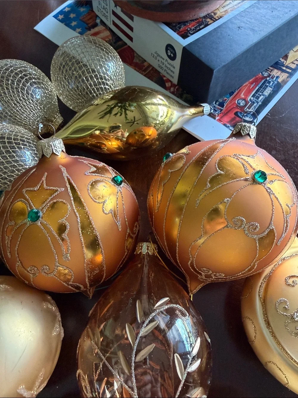 Christmas ornaments gold glass mesh etched 15 of them including a sailing ship